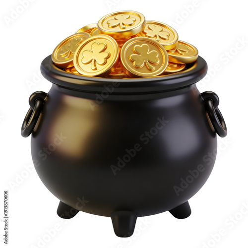 3D pot of gold with coins icon for st patricks day leprechaun treasure luck fortune wealth symbol isolated white background element
