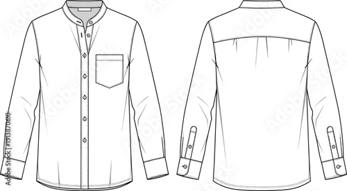 Front and Back View of Collarless Button Shirt with Pocket, Modern Apparel Clothing Technical Line Art Illustration
