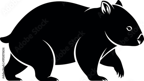 Wombat silhouette vector illustration, black and white marsupial art, Australian wildlife design, nature profile graphic, minimal animal artwork