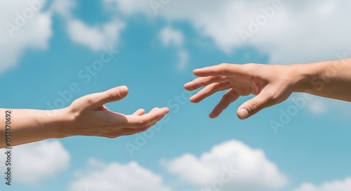 Two hands reaching out to each other in front of blue sky with clouds