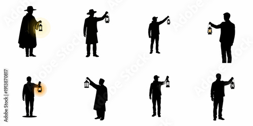 A collection of eight male silhouettes holding illuminated and unlit vintage lanterns in various poses, isolated on white background.