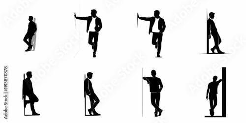 Collection of black vector silhouettes illustrating eight different standing poses of men leaning on walls or vertical objects, isolated on white.