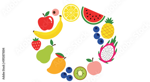 Colorful Fruit Wreath Vector Illustration With Fresh Tropical And Healthy Food Icons In Circular Organic Composition