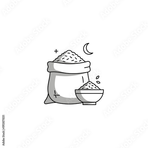 Islamic Zakat Al-Fitr Rice Sack and Bowl Minimalist Line Art Illustration