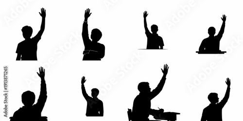 Eight black silhouettes of students and young people raising their hands for participation, question, or attention, isolated on white.