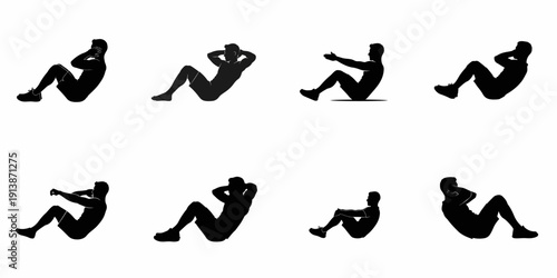 Sit-ups and Crunches Exercise Silhouettes Set. Vector illustration of a man working out the abdominal muscles for core strength training.