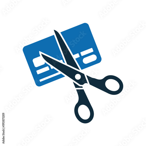 Scissors cutting a blue credit card symbolizes financial debt.