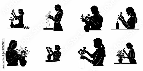 Eight black silhouette illustrations showing women engaged in flower arrangement, placing blossoms and greenery into various vases.