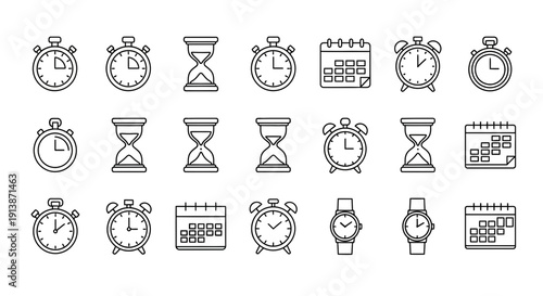 A collection of 18 black and white line icons depicting various timemeasuring devices arranged in three rows of six