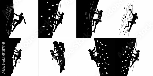 Set of vector silhouettes illustrating rock climbing, mountaineering, and bouldering on diverse indoor and outdoor walls.