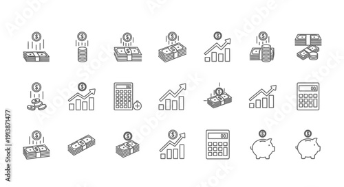 A grid of 18 black and white line icons related to money and finance