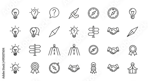 A grid of 36 blackandwhite line icons related to ideas direction and achievement