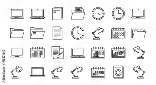 A grid of black and white line art icons related to office work and technology