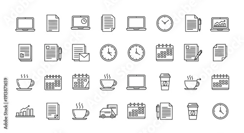 A grid of black and white line art icons depicting office supplies timepieces and beverages