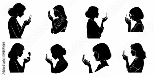 Eight graphic silhouettes of beautiful women checking their reflection in a compact mirror, representing beauty, makeup application, and personal care.