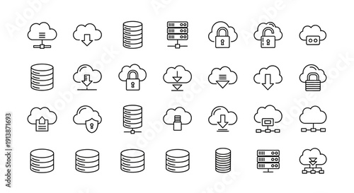 A grid of black and white line icons depicting data storage cloud computing and security symbols