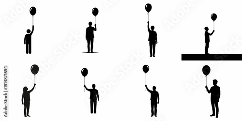 Black silhouettes set of people, including children and adults, holding a single balloon, depicting celebration, dreams, and freedom on a white background.