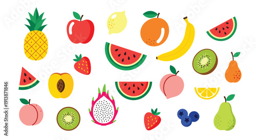 Colorful Fruit Vector Icon Set With Fresh Tropical And Healthy Food Illustrations For Nutrition Diet And Organic Design