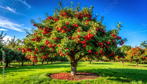 Vibrant Apple Tree Abundant with Ripe Red Fruits in a Sunny Orchard Landscape during Harvest Season