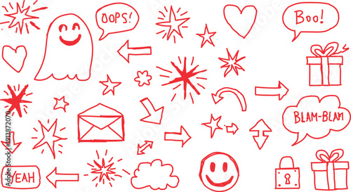 A collection of colorful cartoon doodles and emoticons