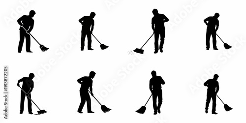 Vector silhouettes set of a man sweeping with a broom, illustrating various cleaning poses and actions, isolated on a white background.