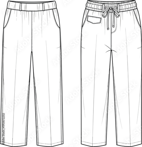 Modern casual pants line art illustration showing front and back views with elastic waistband and drawstring detail design