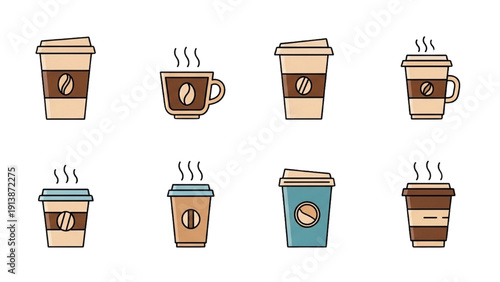 Assorted Coffee Cups and Mugs with Steam Rising in Various Designs and Colors