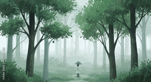 A woman walks alone on a misty forest path surrounded by tall trees with lush green foliage under a gray sky