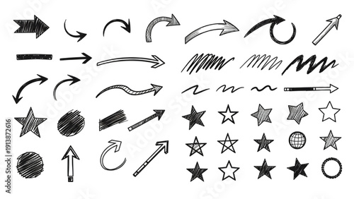 Collection of various hand-drawn arrows, stars, and shapes in black on a clean background