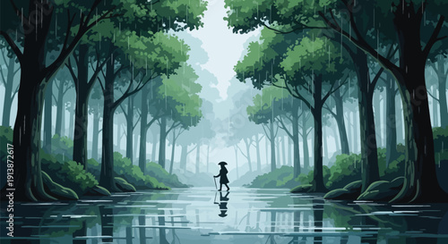 a person riding a bicycle through a flooded forest with tall trees and misty atmosphere