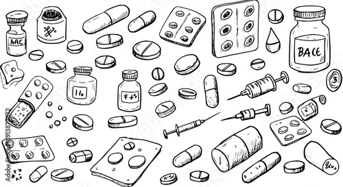 Hand-drawn set of medical supplies: various pills, capsules, syringes, medicine bottles, and blister packs in a doodle style, healthcare concept