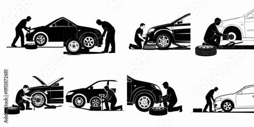 Set of eight black and white silhouette vector illustrations depicting men changing flat car tires, using a jack and wrench for automotive service.