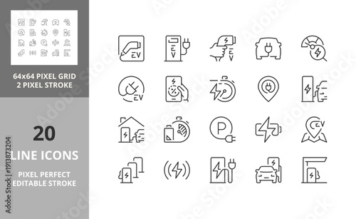 Line icons about EV charging stations. Editable vector stroke. 64 and 256 Pixel Perfect scalable to 128px...
