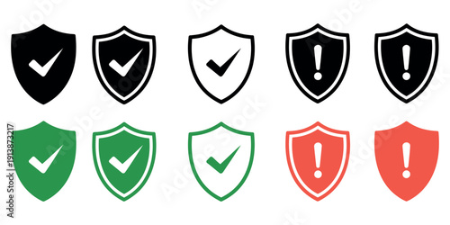 Safety Shield Icons with Check Mark and Exclamation Vector Illustration
