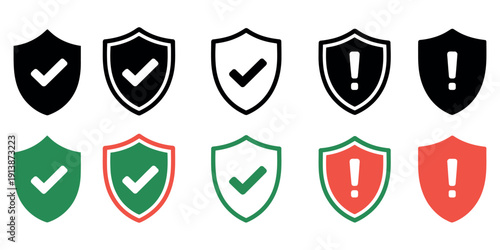 Shield Icon Set - Professional Protection Symbols Featuring Check Marks and Exclamation Points for System Safety and Security Status