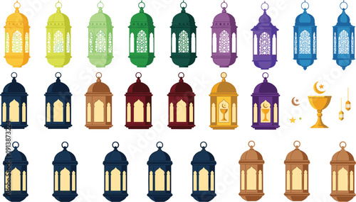 Colorful Ramadan Lantern Collection with Traditional Arabic Hanging Lamps, Islamic Decorative Fanous, and Festive Eid Kareem Illumination Elements in Vector