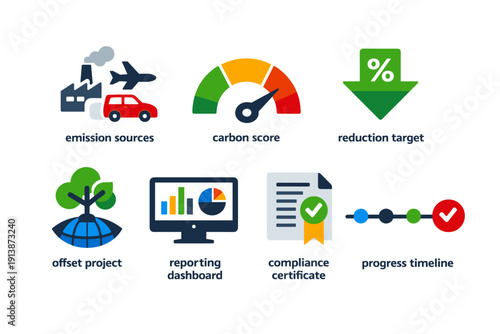 Carbon emission reduction strategy infographic elements.