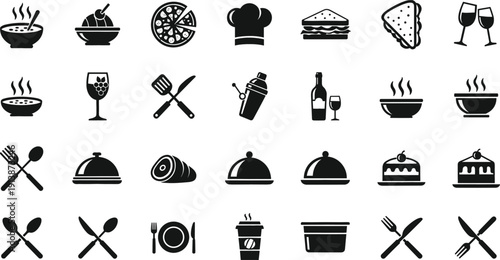 Restaurant and Food Icon Set with Pizza, Burger, Chef Hat, Wine Glass, Cutlery, and Serving Cloche Symbols in Black Silhouette Vector Collection