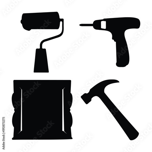 Essential tools for home improvement projects including a paint roller, drill, frame, and hammer