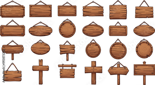 Wooden Signboard Collection with Rustic Hanging Boards, Direction Arrows, Round Plaques, and Blank Wooden Signs for Farm, Cafe, and Outdoor Designs