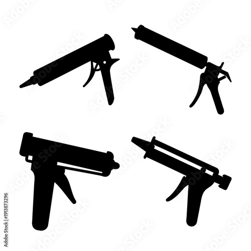 Collection of four distinct black silhouettes of caulk guns for sealing and adhesive application