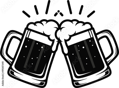 Clinking Beer Mug Illustration with Foam Splash and Cheers Gesture in Black and White Vintage Style for Oktoberfest, Pub, and Celebration Designs