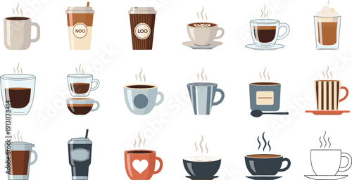 Coffee Cup Icon Set with Hot Espresso, Latte, Cappuccino, Takeaway Paper Cups, and Mug Illustrations in Flat Vector Style for Cafe and Beverage Designs