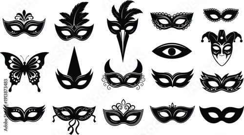 Venetian Masquerade Mask Icon Collection with Carnival Feather, Butterfly, Jester and Decorative Black Silhouette Party Masks in Vector Illustration Set