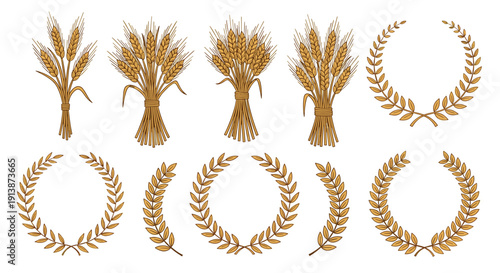 Golden Wheat Sheaf And Laurel Wreath Vector Set With Agricultural Grain Symbols For Harvest Farming Food Packaging And Branding Design