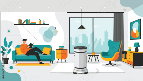 Smart home environment concept showing a man relaxing in a modern living room with an air purifier for better indoor air quality.