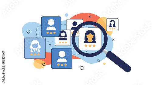 Employee recruitment and screening process concept showing a magnifying glass searching through rated candidate profiles.