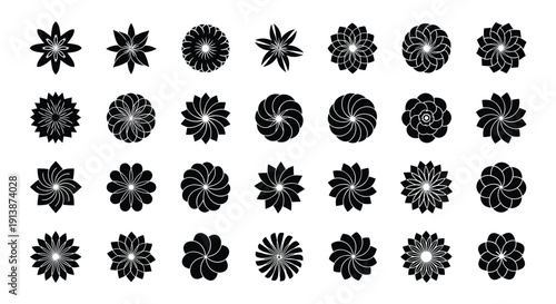 Abstract Black Floral Mandala Vector Icon Set With Geometric Radial Flowers And Decorative Symmetrical Ornament Shapes