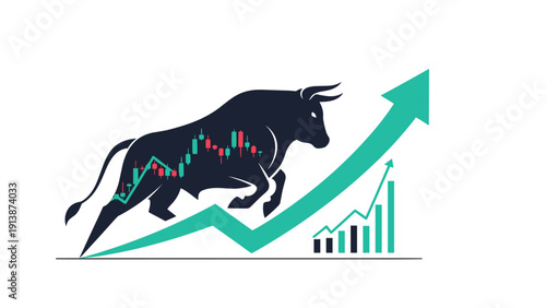 Bull market and economic growth concept featuring a bull silhouette with a candlestick chart and a rising green arrow.