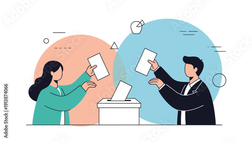 Democratic process and election concept showing a man and a woman casting their votes by putting ballots into a voting box.